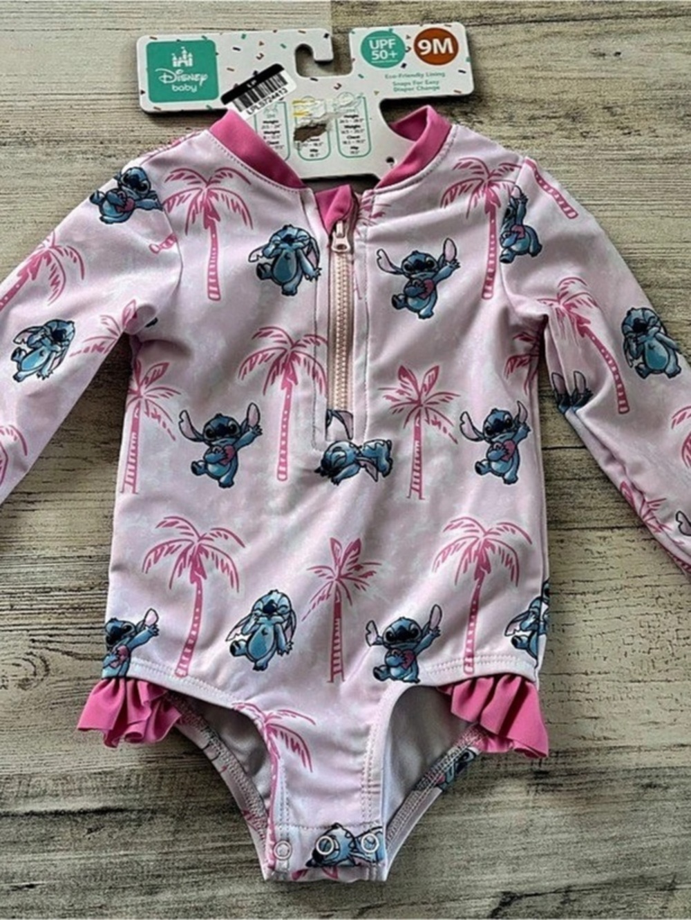 Disney Baby Stitch Long Sleeve One-Piece Swimsuit Pink & Blue Baby 9M